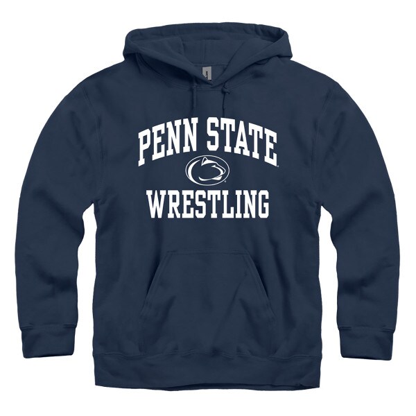 navy hooded sweatshirt with Penn State arched above Athletic Logo and Wrestling